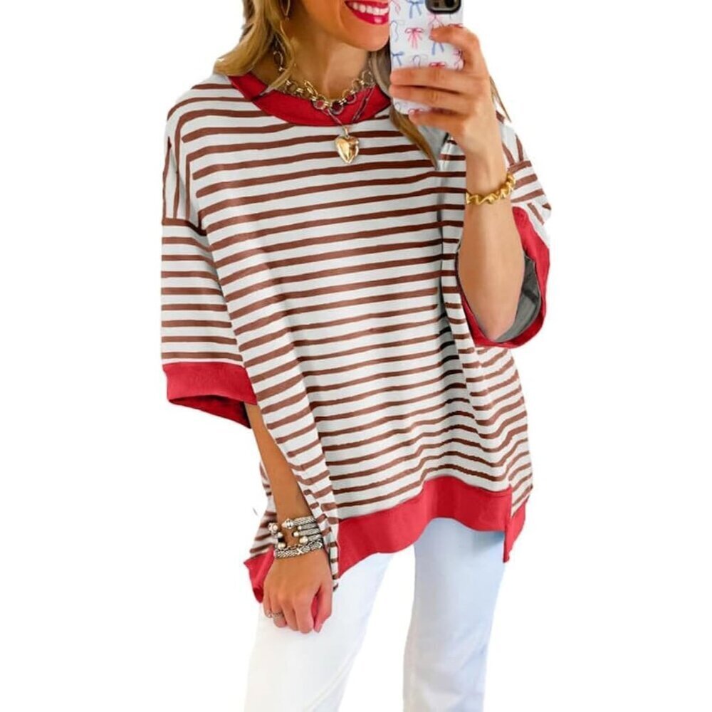 Womens Casual Short Sleeve Sweater Top Knit Stripe Crewneck Loose Fit